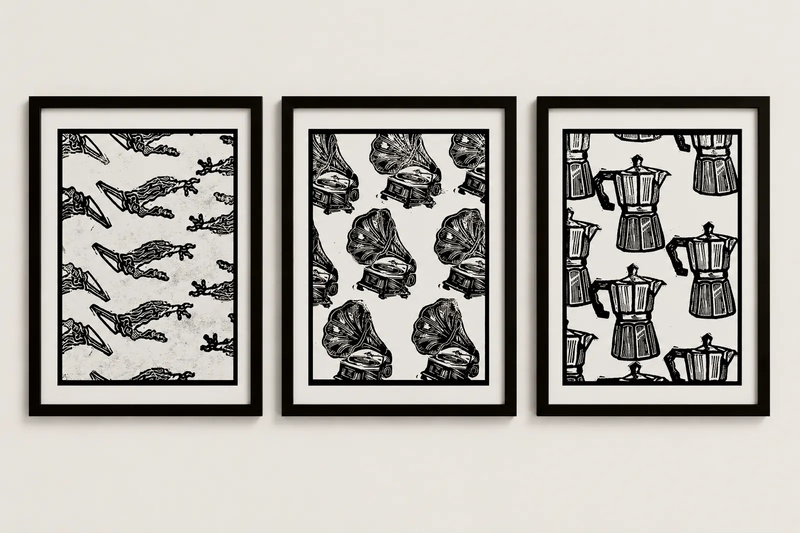 Three fractal linocuts, A5, framed and hung together
