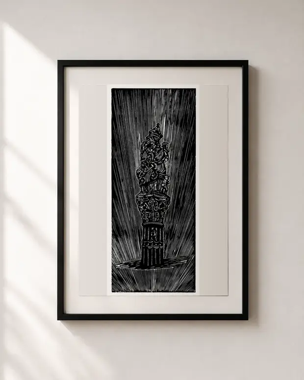 The Fountain, Bern — linocut, A4