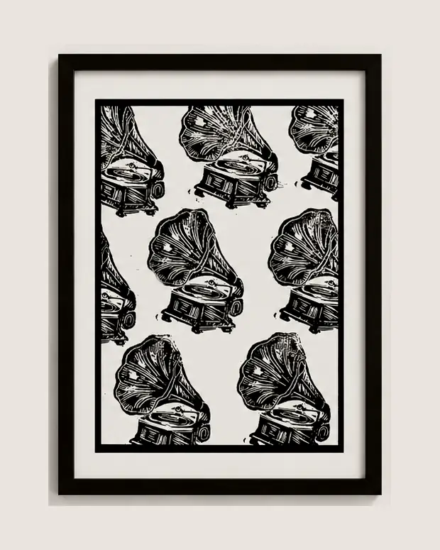 Gramophones — linocut, A5
