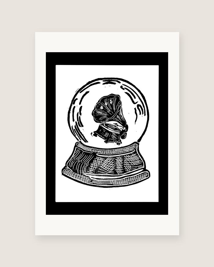 Snow Globe — Gramophone — linocut