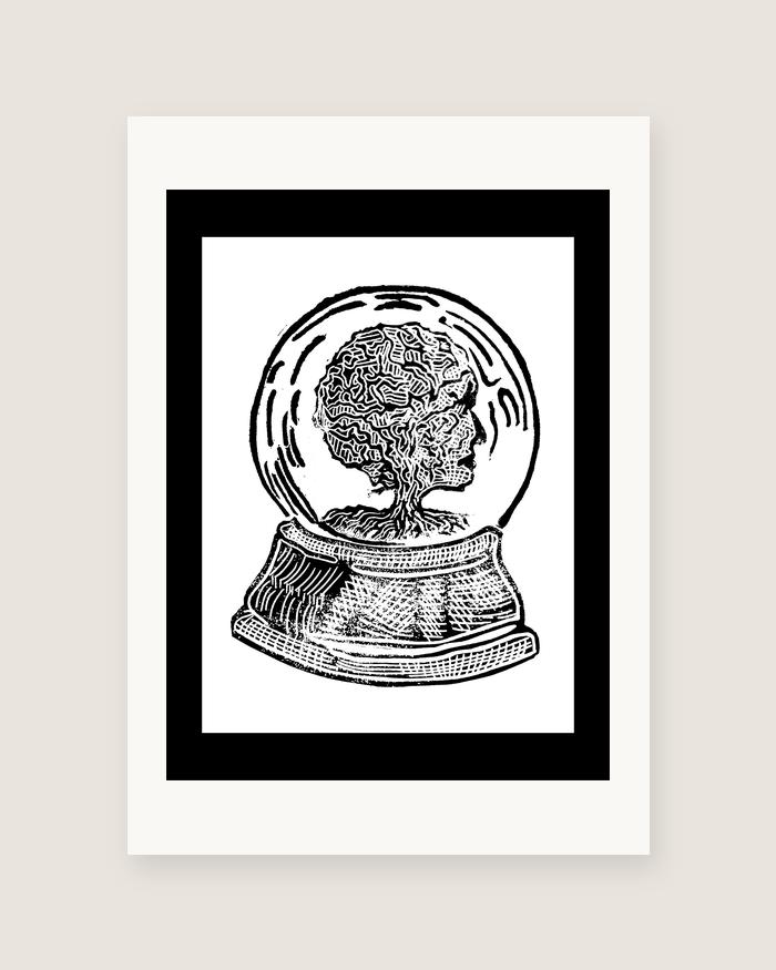 Snow Globe — Tree — linocut