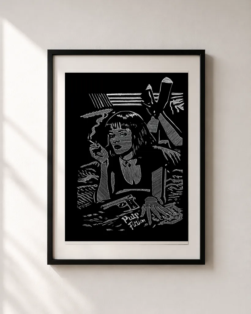 Pulp Fiction — linocut, A4, framed and hung
