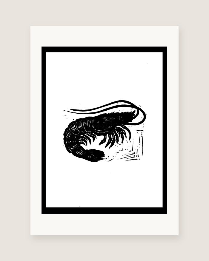 Shrimp — linocut, A5